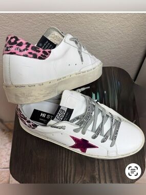 Golden Goose White Hi-Star Sneakers with Hot Pink Leopard Heel and Magenta Star